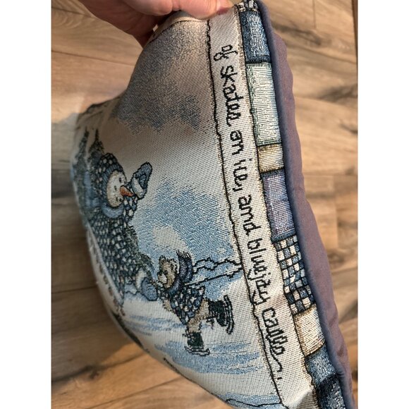 Vintage Heidi Satterberg Winter Snowman Ice Skating Pillow Blue Faded Back Mohaw - Picture 4 of 8